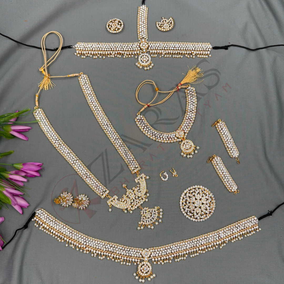Bharatanatyam Dance Jewellery - Sow & Flower White Stone Full Set