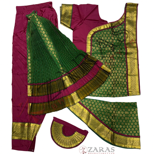 Bharatanatyam Dance Readymade Costume - Maroon with Dark Green Brocade Combination
