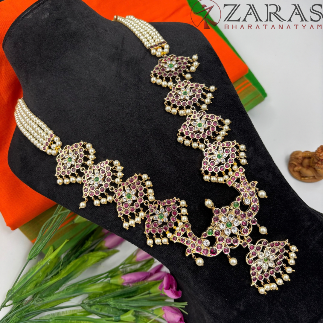 Bharatanatyam Dance Premium Jewellery - 4 Lines Beads with Leaf PG Kemp CS Haaram / Long Chain