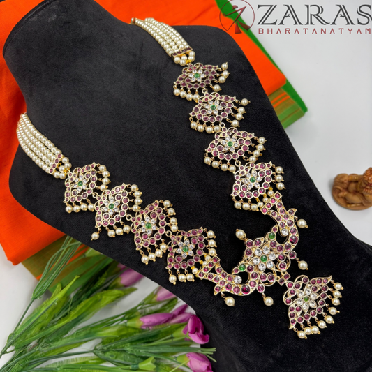 Bharatanatyam Dance Premium Jewellery - 4 Lines Beads with Leaf PG Kemp CS Haaram / Long Chain