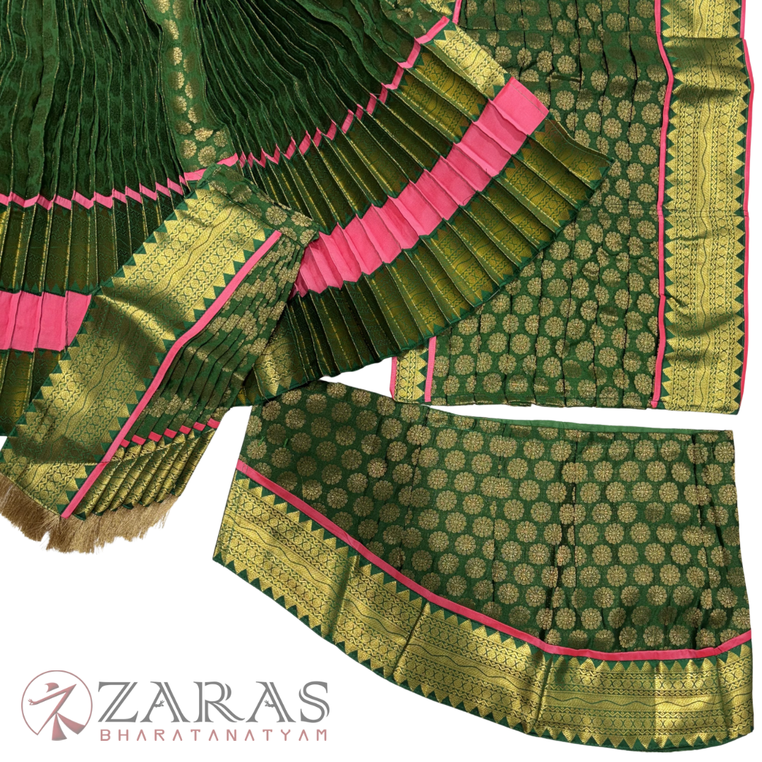 Kuchipudi Dance Readymade Costume - Peach Pink with Dark Green Brocade Combination