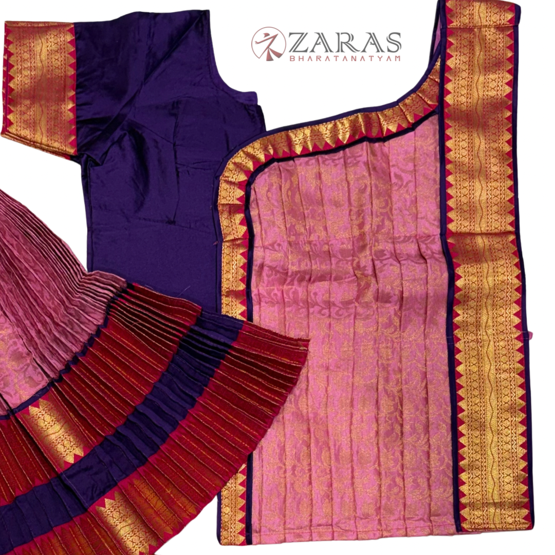 Bharatanatyam Dance Readymade Costume - Violet with Baby pink Brocade Combination
