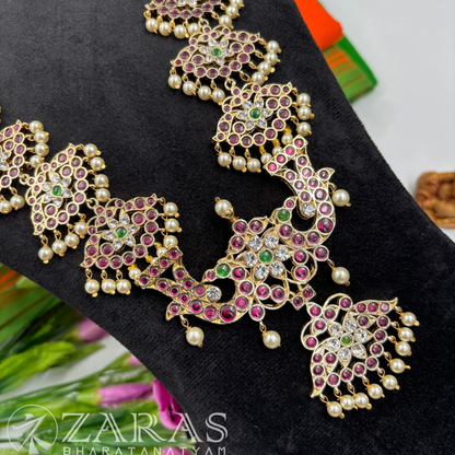 Bharatanatyam Dance Premium Jewellery - 4 Lines Beads with Leaf PG Kemp CS Haaram / Long Chain
