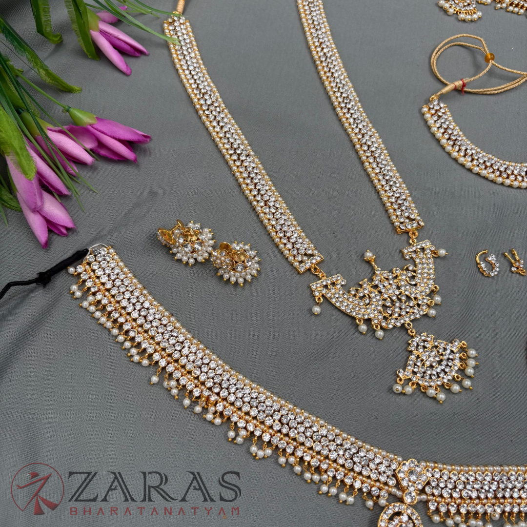 Bharatanatyam Dance Jewellery - Sow & Flower White Stone Full Set