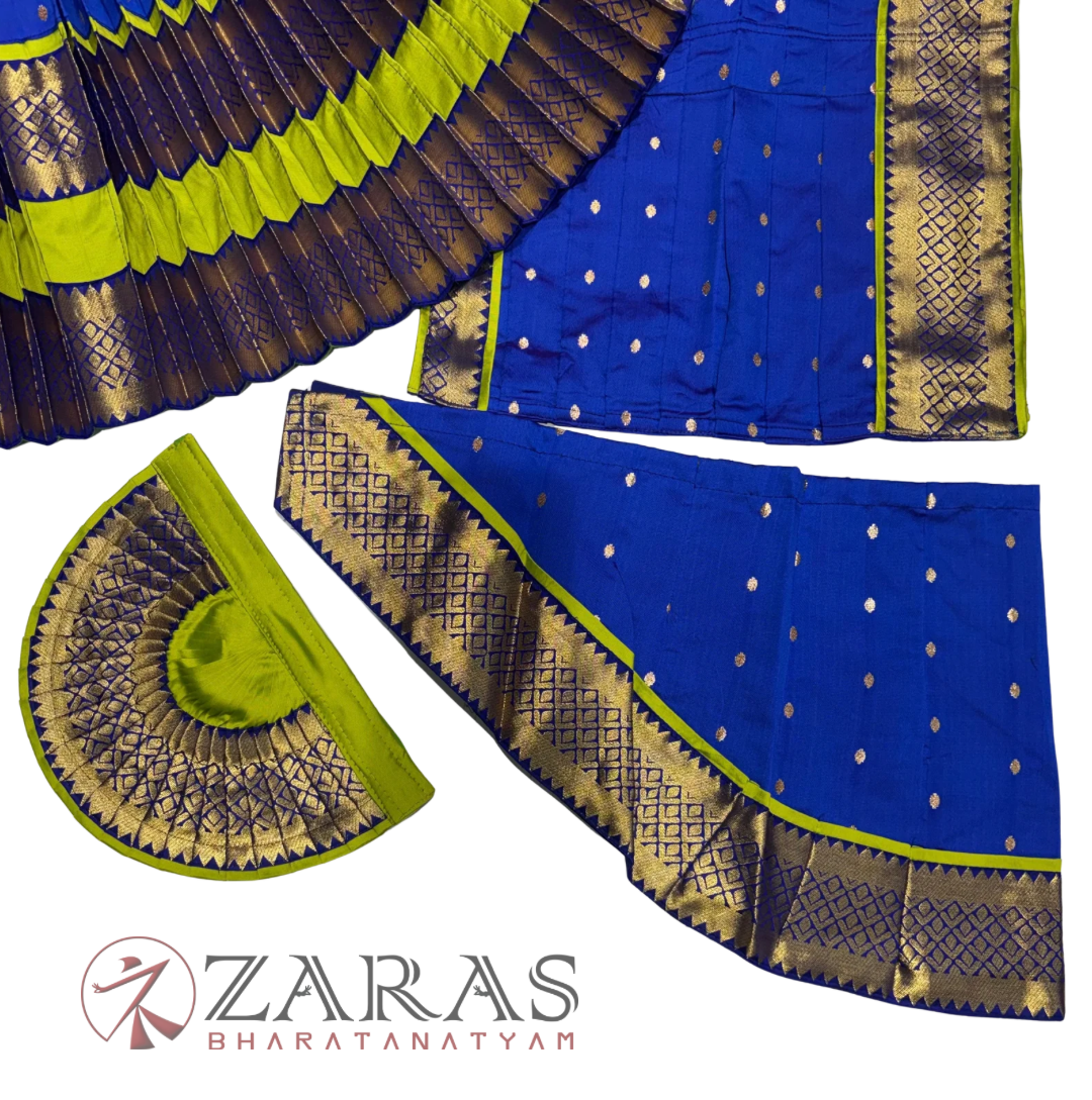Bharatanatyam Dance Readymade Costume - Y Green with Blue Dot Combination