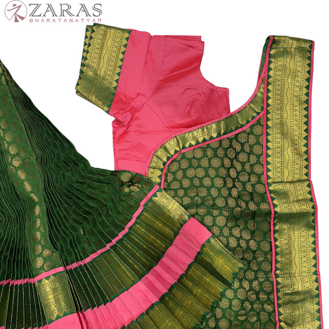 Kuchipudi Dance Readymade Costume - Peach Pink with Dark Green Brocade Combination