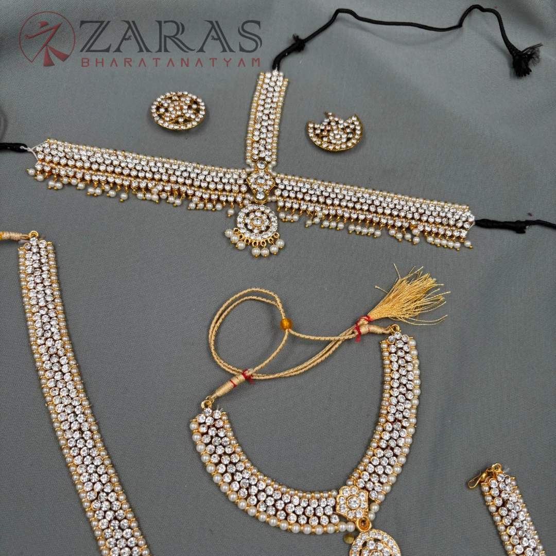 Bharatanatyam Dance Jewellery - Sow & Flower White Stone Full Set