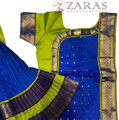 Bharatanatyam Dance Readymade Costume - Y Green with Blue Dot Combination