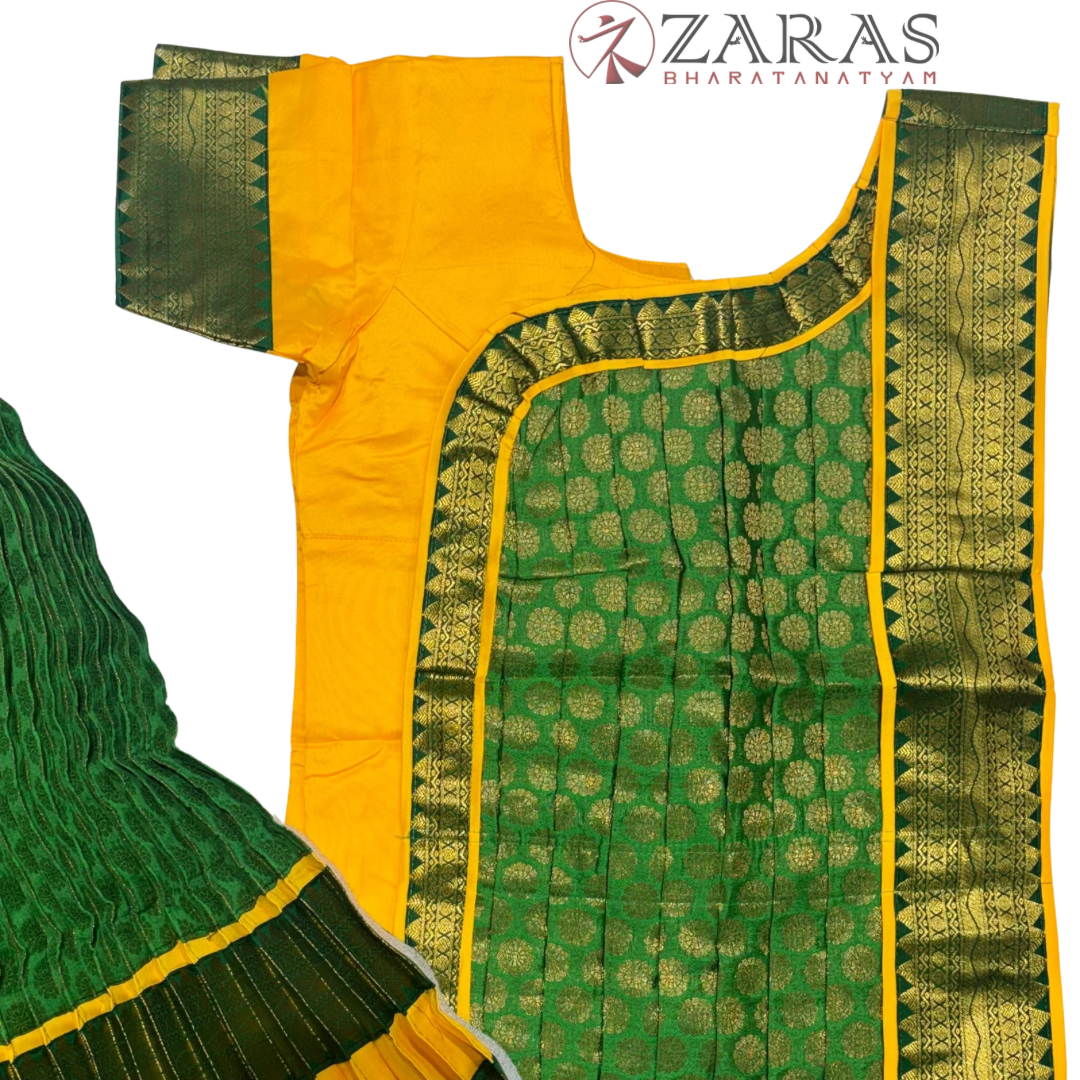 Kuchipudi Dance Readymade Costume - Yellow with Green Brocade Combination