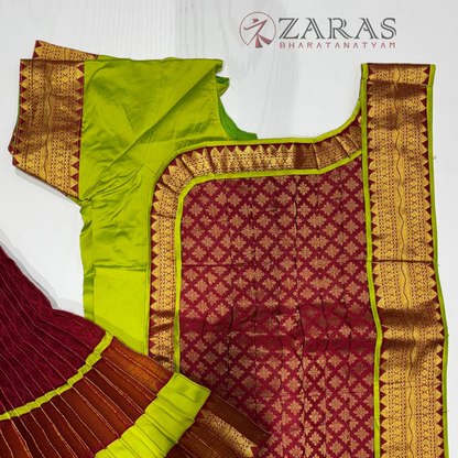 Bharatanatyam Dance Readymade Costume - Y Green with Maroon Brocade Combination