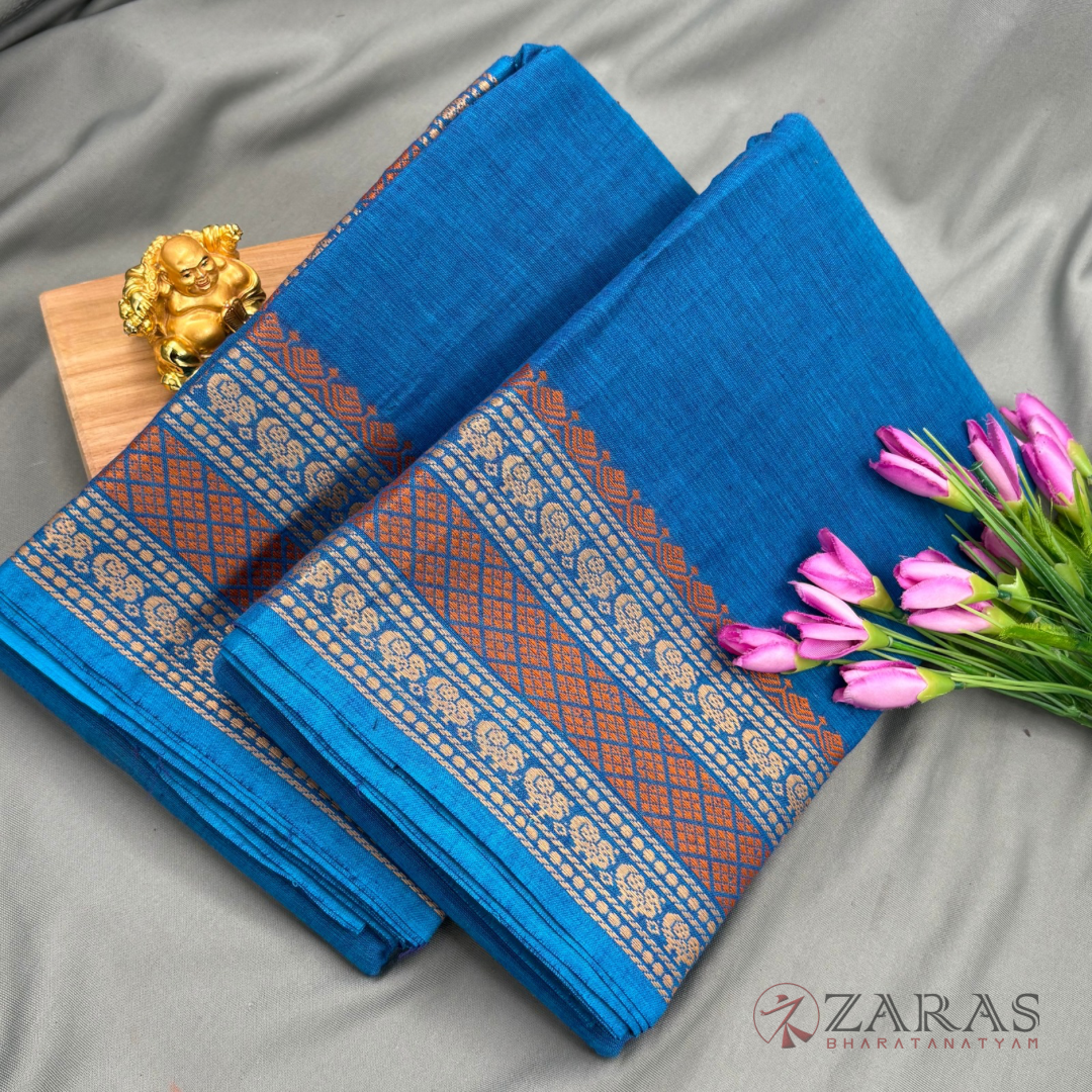Bharatanatyam Dance Practice Saree - Pea Blue with Gold Flower Border (6 meter)