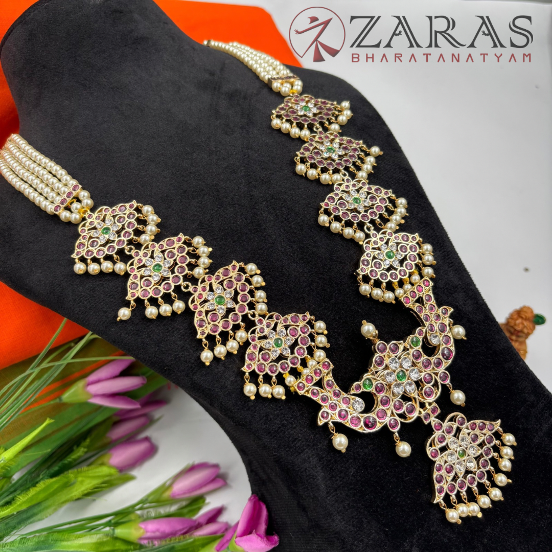 Bharatanatyam Dance Premium Jewellery - 4 Lines Beads with Leaf PG Kemp CS Haaram / Long Chain