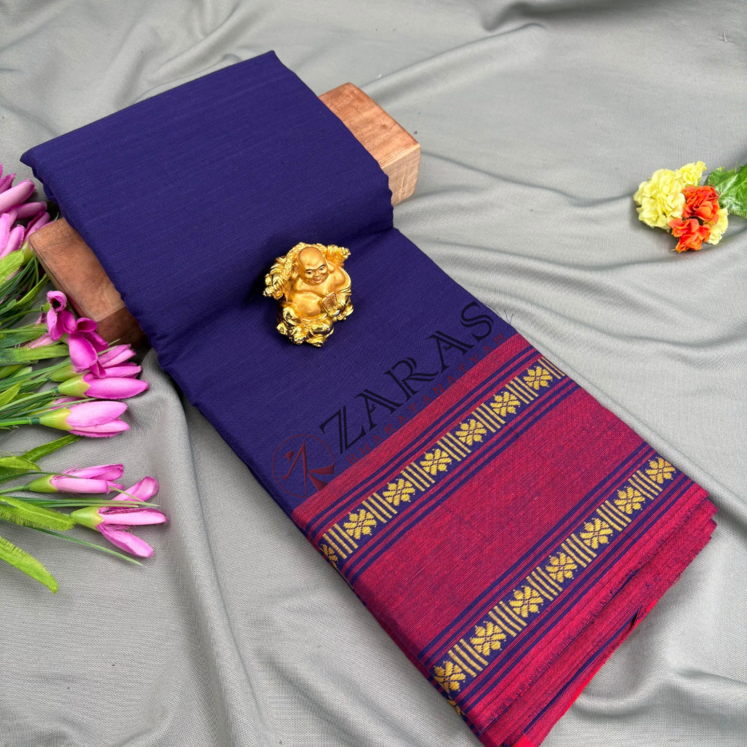 Bharatanatyam Dance Practice Saree - D Blue with Red D Flower Border