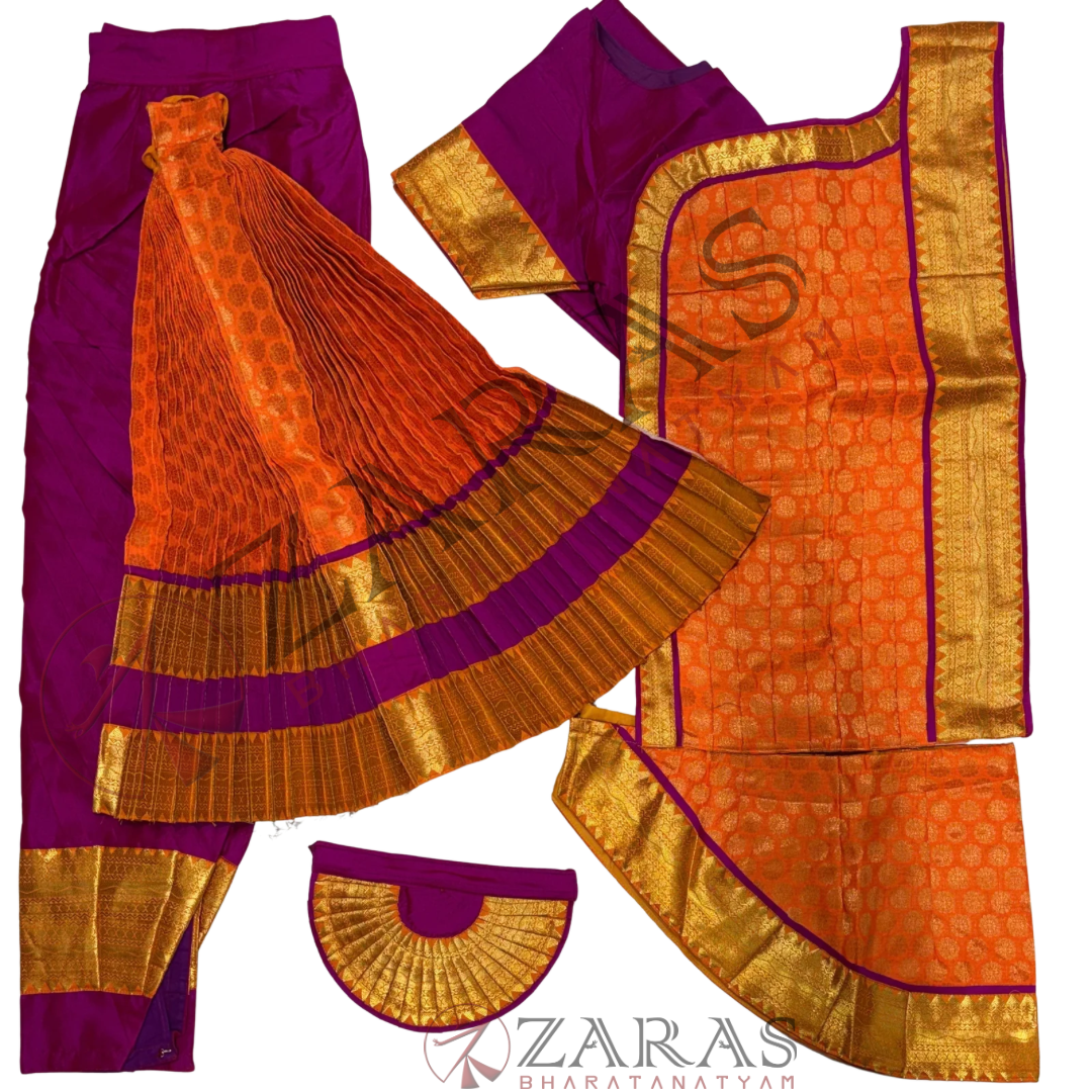 Bharatanatyam Dance Readymade Costume - Purple with Orange Brocade Combination