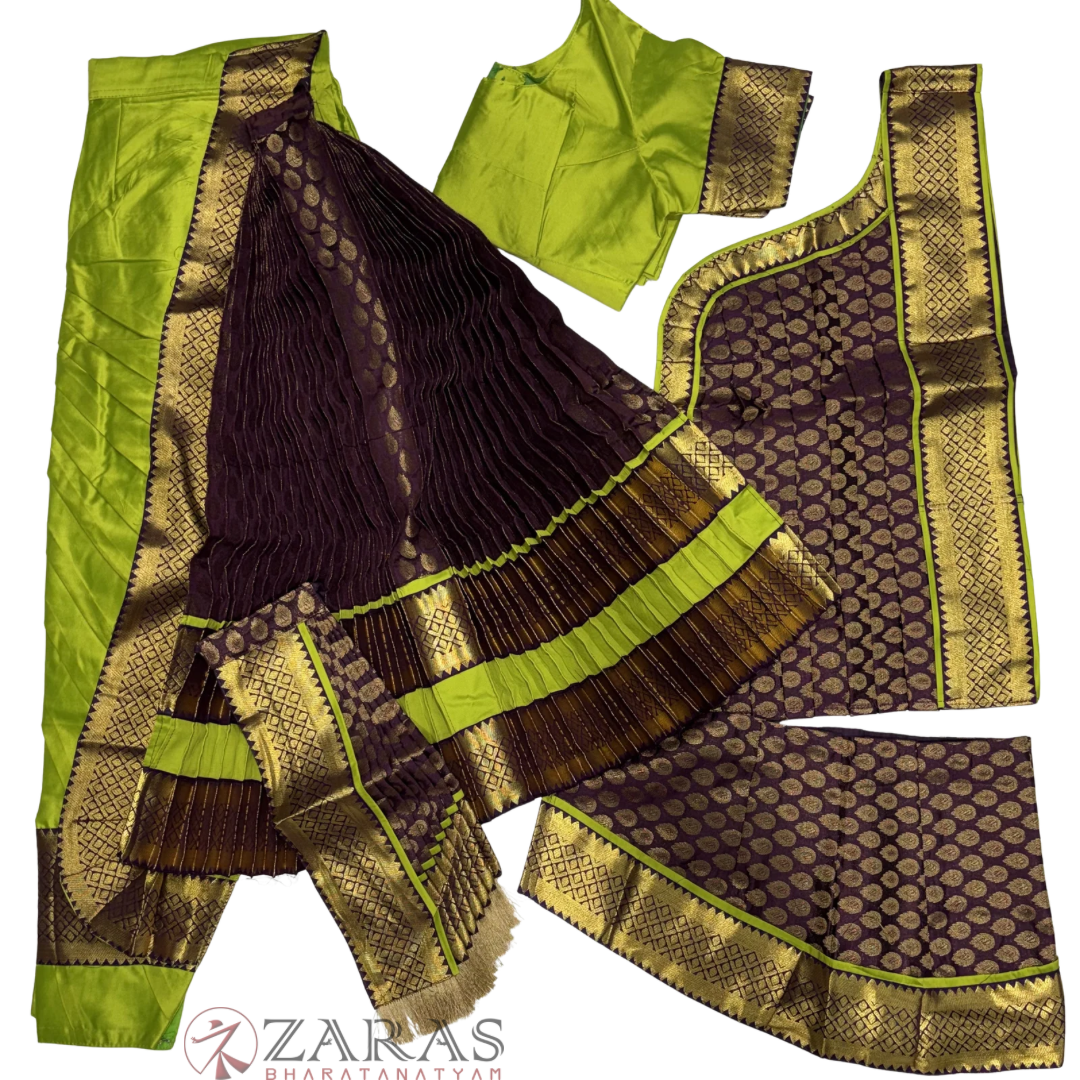 Kuchipudi Dance Readymade Costume - Y Green with D Wine Brocade Combination