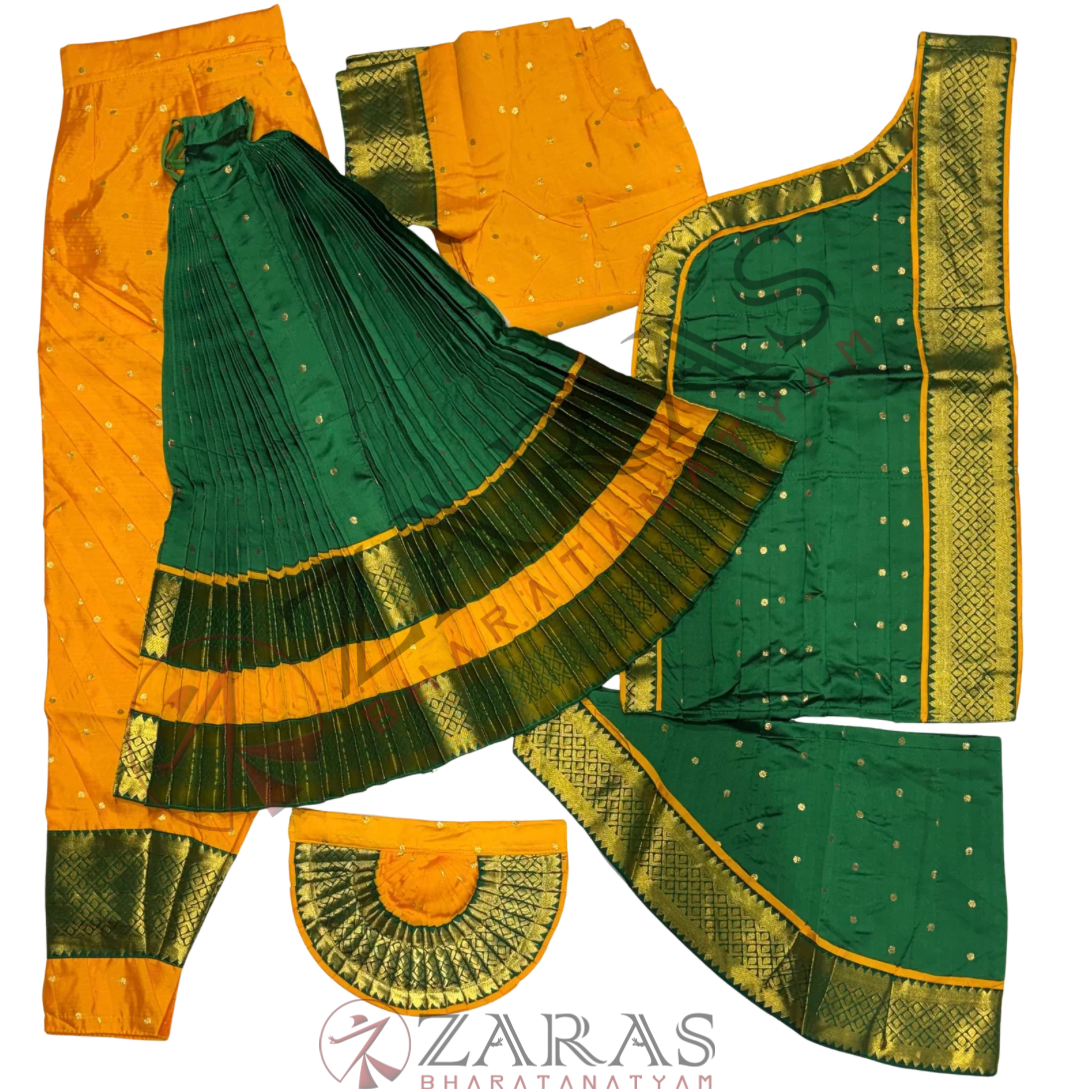 Bharatanatyam Dance Readymade Costume - M Yellow with Green Dot Combination