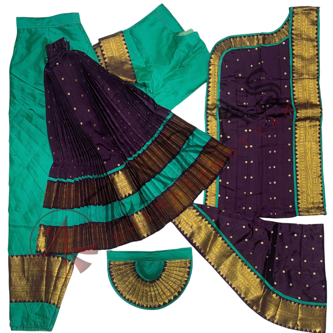 Bharatanatyam Dance Readymade Costume - Sea Green with Purple Dot