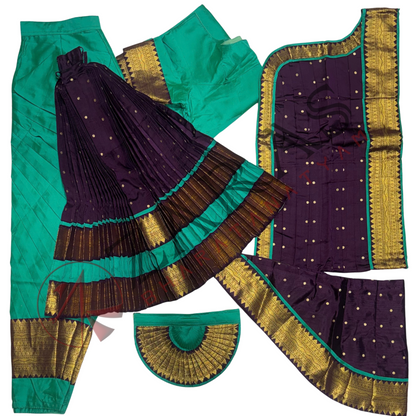 Bharatanatyam Dance Readymade Costume - Sea Green with Purple Dot