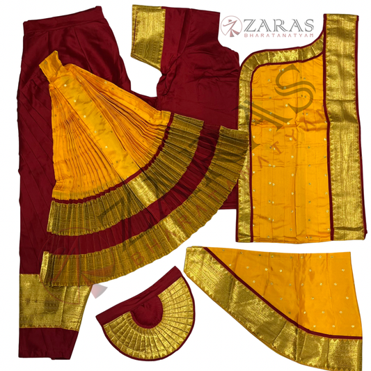 Bharatanatyam Dance Readymade Costume - Maroon with Yellow Dot Combination
