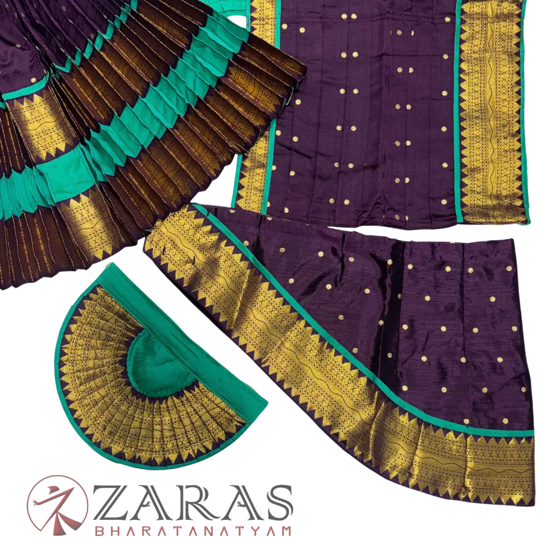 Bharatanatyam Dance Readymade Costume - Sea Green with Purple Dot