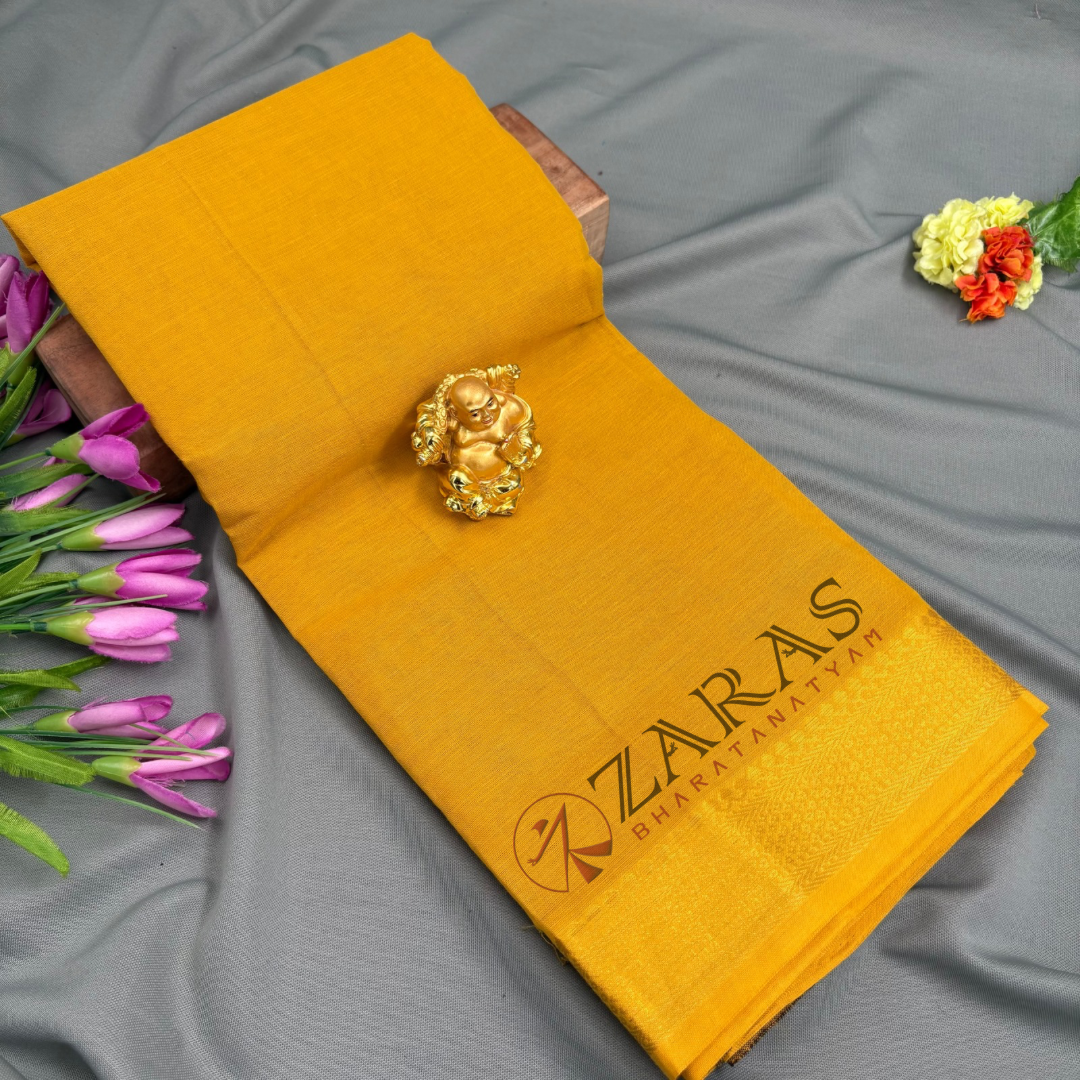 Bharatanatyam Dance Practice Saree - Yellow with Gold Gopuram Diamond Boeder