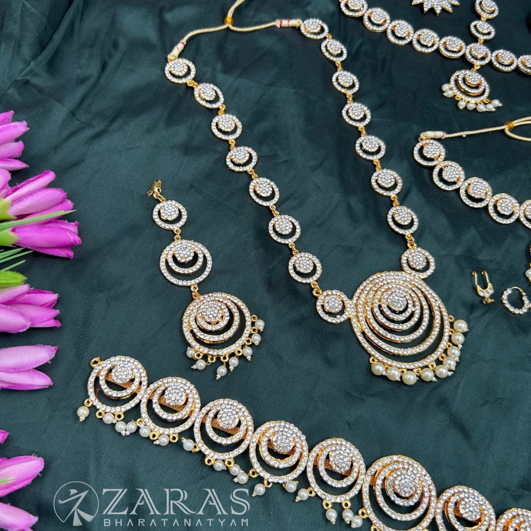 Bharatanatyam Dance Jewellery - Round Flower White Stone Full Set