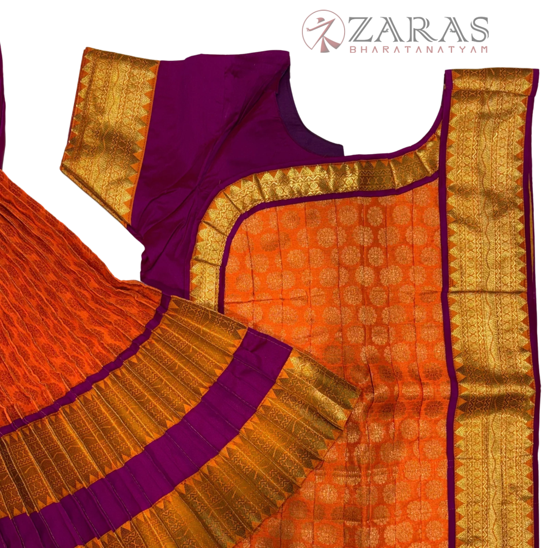 Bharatanatyam Dance Readymade Costume - Purple with Orange Brocade Combination