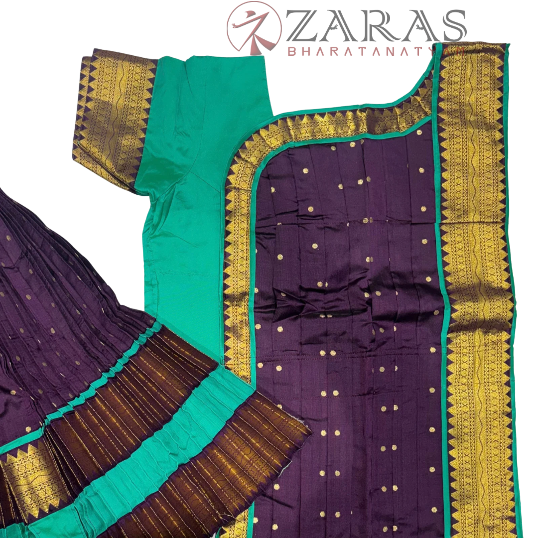 Bharatanatyam Dance Readymade Costume - Sea Green with Purple Dot