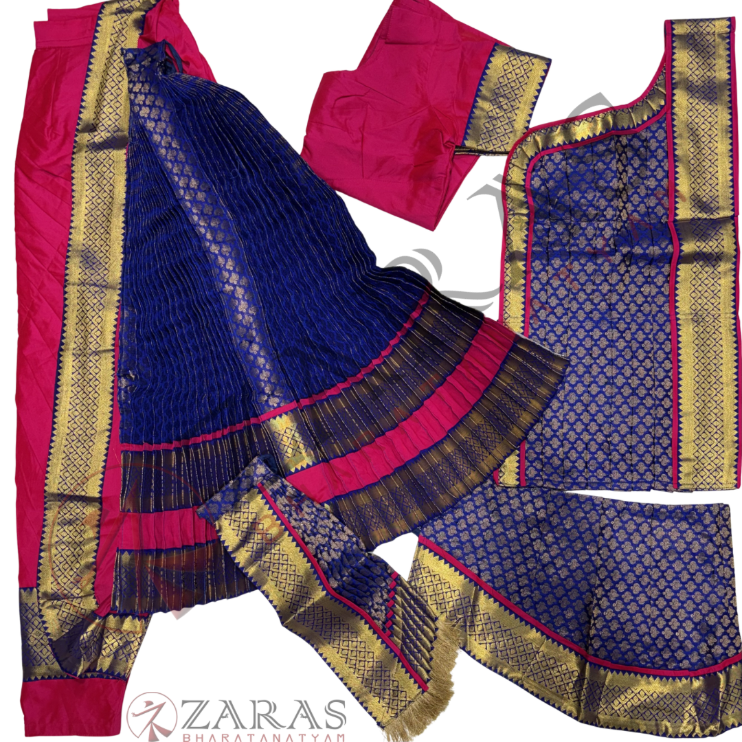 Kuchipudi Dance Readymade Costume - Pink with Blue Brocade Combination