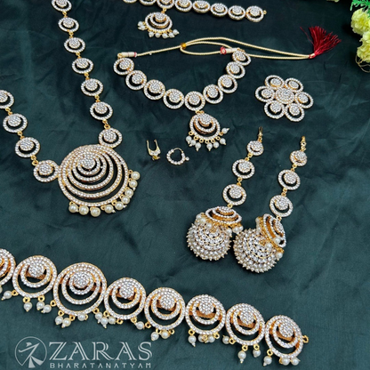 Bharatanatyam Dance Jewellery - Round Flower White Stone Full Set