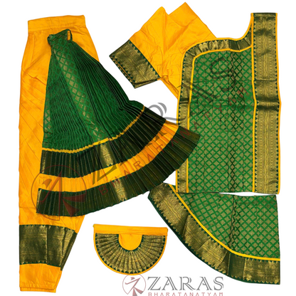 Bharatanatyam Dance Readymade Costume - M Yellow with Green Brocade Combination