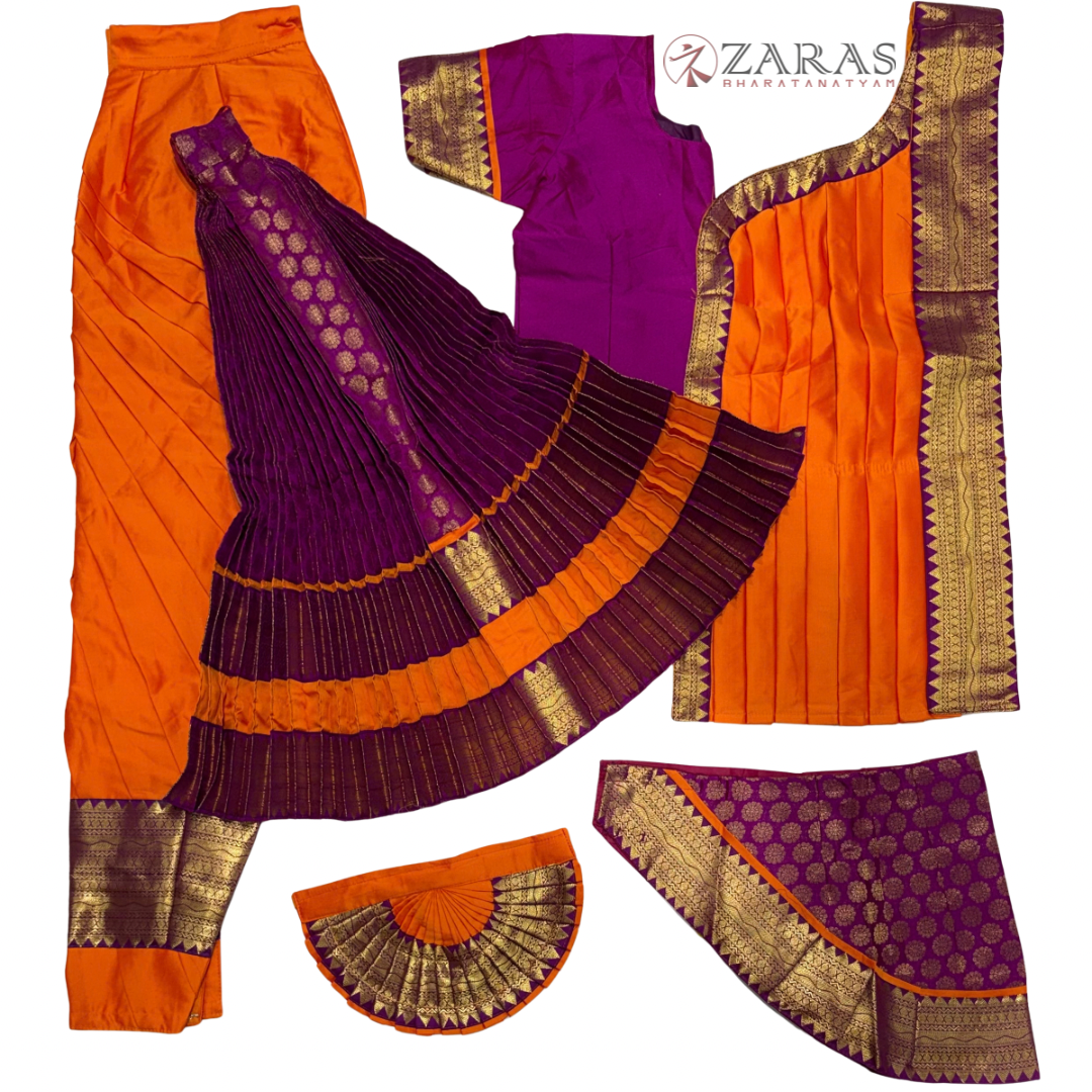 Bharatanatyam Dance Readymade Costume - Orange with Purple Brocade Combination