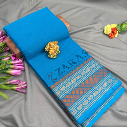 Bharatanatyam Dance Practice Saree - L Blue with Gold Flower Border (6 meter)