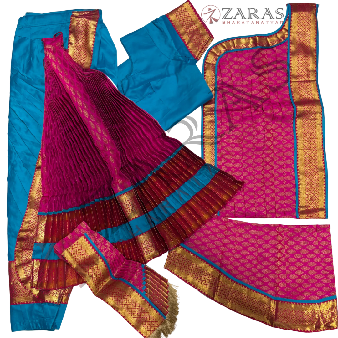 Kuchipudi Dance Readymade Costume - Happy Blue with Pink Brocade Combination