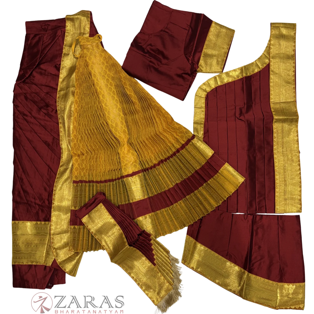Kuchipudi Dance Readymade Costume - Maroon with M Yellow Brocade Combination