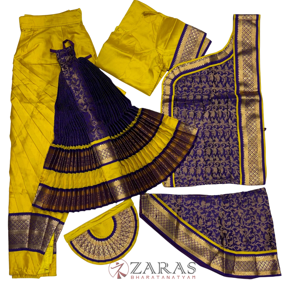 Bharatanatyam Dance Readymade Costume - Yellow with Violet Brocade