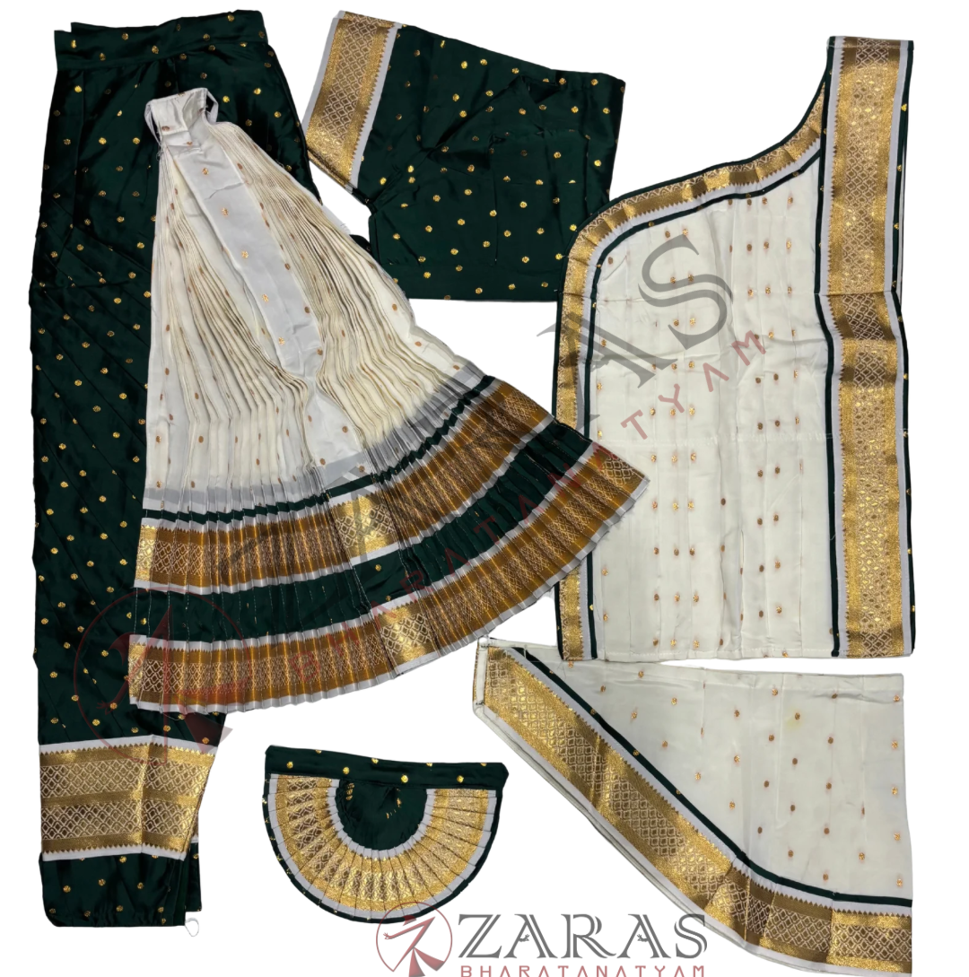 Bharatanatyam Dance Readymade Costume - Bottle Green Dot with Haft White Dot Combination