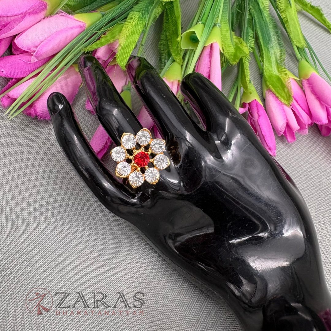 Bharatanatyam Dance Jewellery - Finger Ring White Red Stone Small (Adjustable)