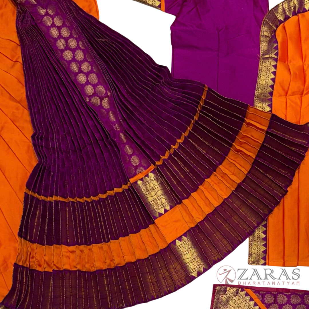 Bharatanatyam Dance Readymade Costume - Orange with Purple Brocade Combination