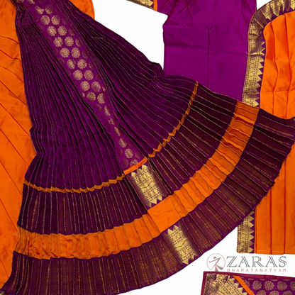 Bharatanatyam Dance Readymade Costume - Orange with Purple Brocade Combination