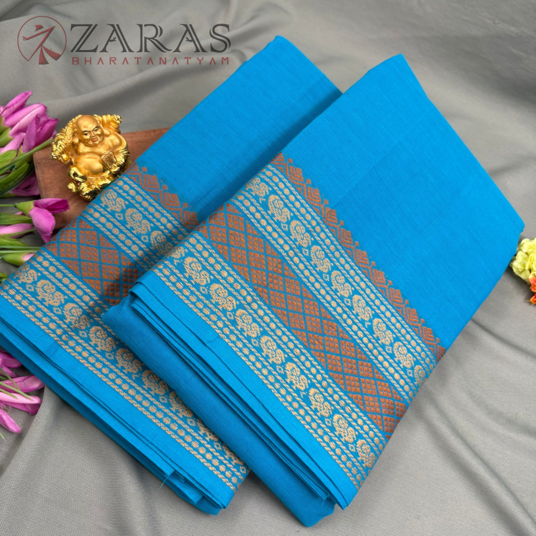 Bharatanatyam Dance Practice Saree - L Blue with Gold Flower Border (6 meter)