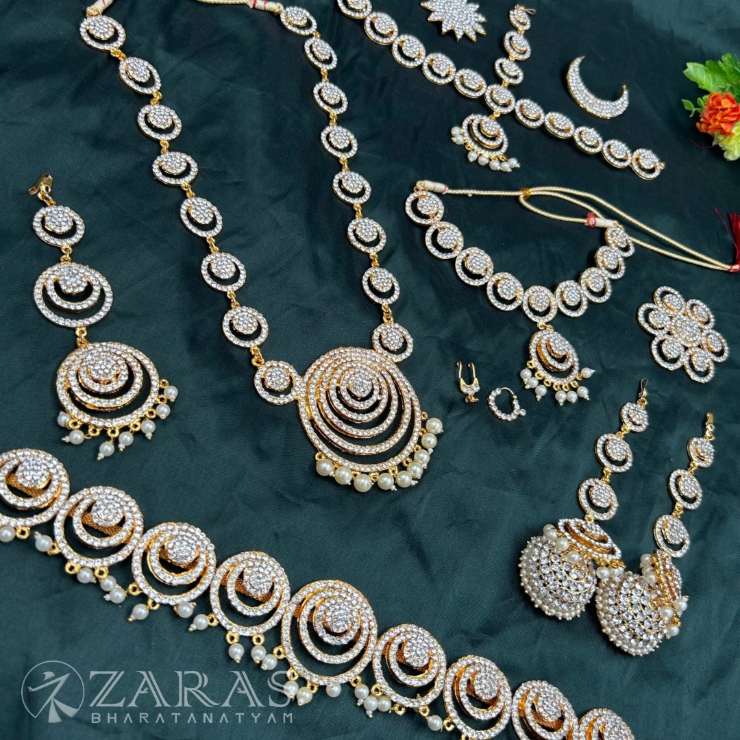 Bharatanatyam Dance Jewellery - Round Flower White Stone Full Set