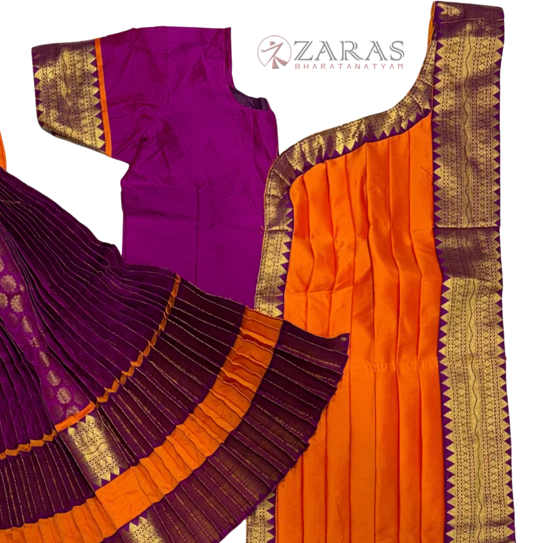 Bharatanatyam Dance Readymade Costume - Orange with Purple Brocade Combination