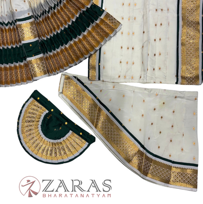 Bharatanatyam Dance Readymade Costume - Bottle Green Dot with Haft White Dot Combination