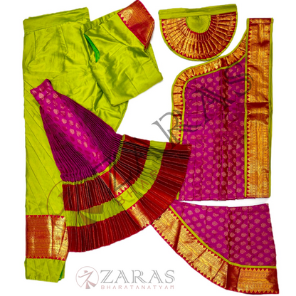 Bharatanatyam Dance Readymade Costume - Y Green with Pink Brocade