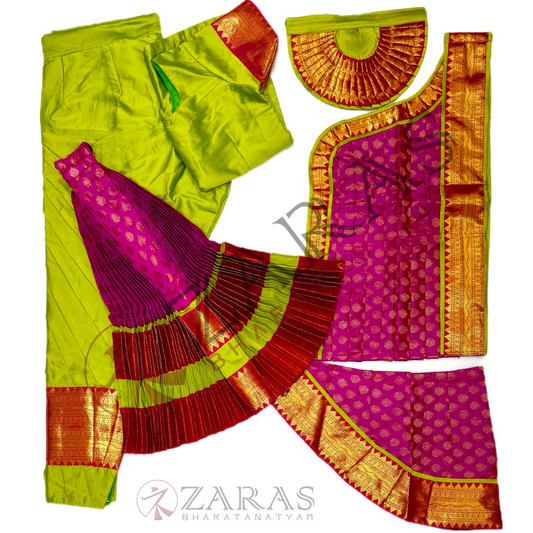 Bharatanatyam Dance Readymade Costume - Y Green with Pink Brocade