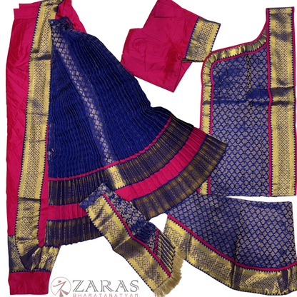 Kuchipudi Dance Readymade Costume - Pink with Blue Brocade Combination