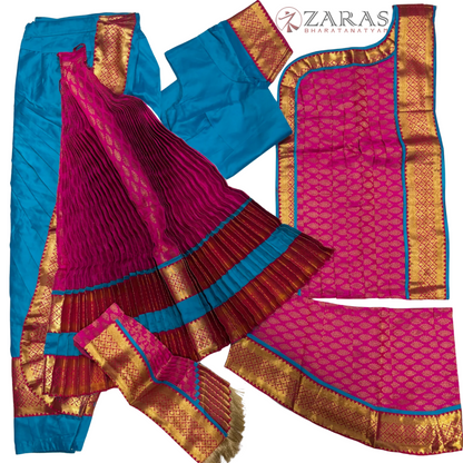 Kuchipudi Dance Readymade Costume - Happy Blue with Pink Brocade Combination