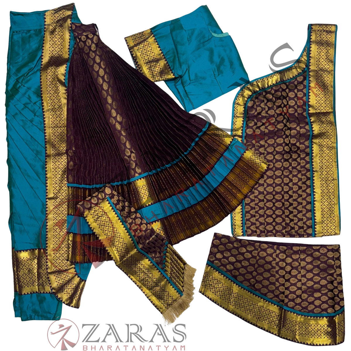 Kuchipudi Dance Readymade Costume - Peacock Blue with Maroon Brocade Combination