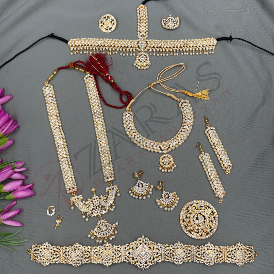 Bharatanatyam Dance Jewellery - V & Flower White Stone Full Set